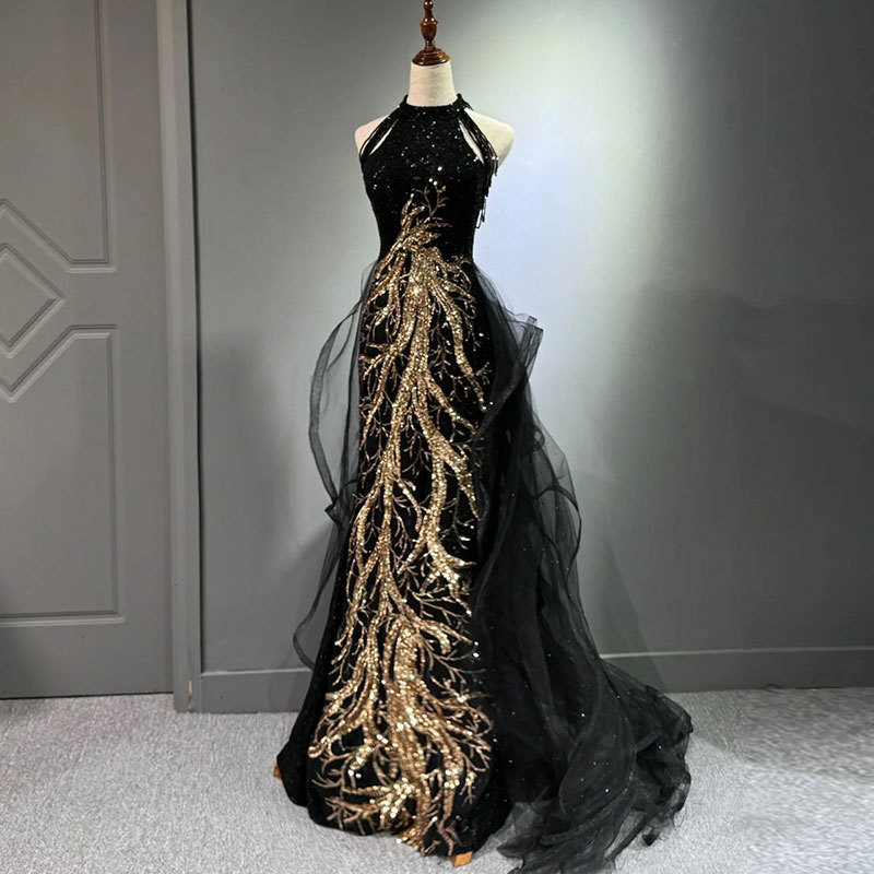 Nuevo vestido de noche negro de alta calidad temperamento delgado celebridad anfitriona vestido de bodas de cauda de pescado colgado vestido de brindis de otoño