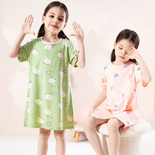 Korean style girls pure cotton home clothes summer thin cartoon loose short-sleeved pajamas girls princess dress children's nightgown