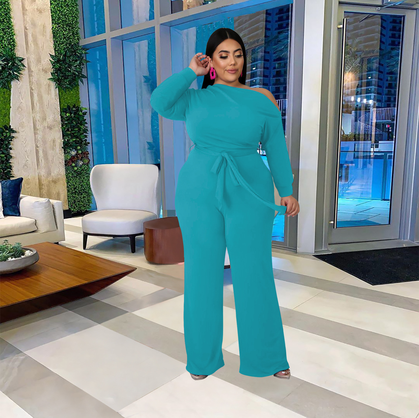 women s plus size solid color strappy shoulder T-shirt flared pants suit nihaostyles clothing wholesale NSBMF80099