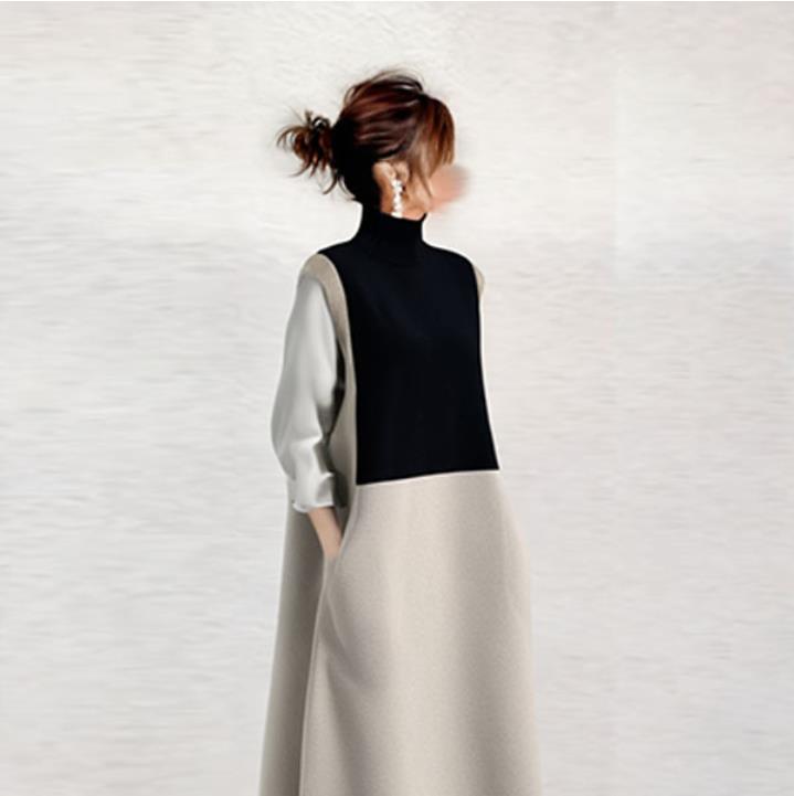 現物クロスボーダー日系2025春新作デザイン感ブラックステッチミディアムワンピースレディース