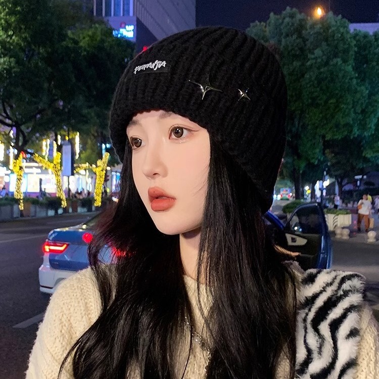 新款针织帽大头围韩版时尚星星标防风毛线帽女秋冬纯色保暖冷帽男|undefined
