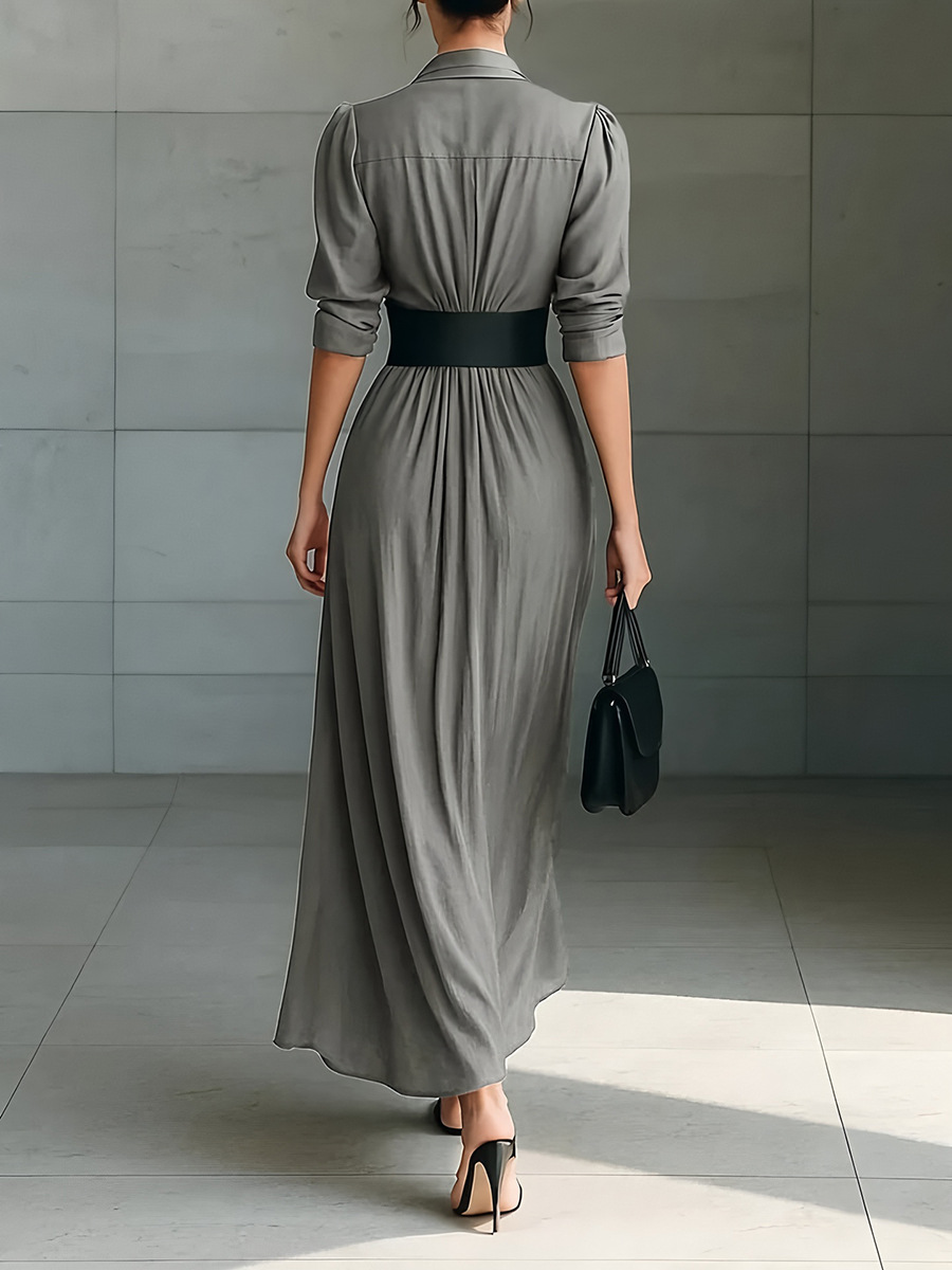 Spring And Autumn Fashionable Temperament Lapel Button-Up Shirt Style Dress With Belt_ecoleips.com
