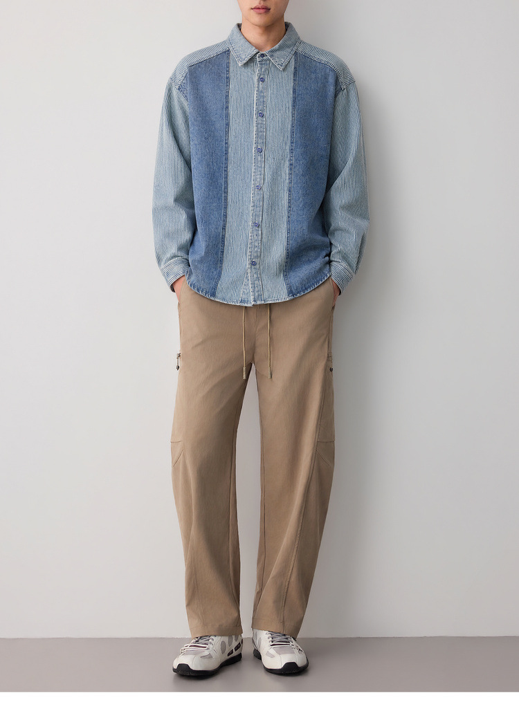 Áo sơ mi denim nam tay dài phong cách cổ điển sọc nối — Cao bồi xanh chi tiết 14
