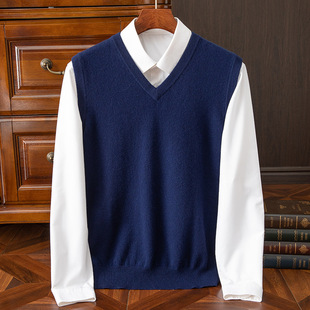 Autumn and Winter sleeveless V-neck sweater vest men's 100% pure wool knitted cashmere waistcoat tooling business formal wear wholesale