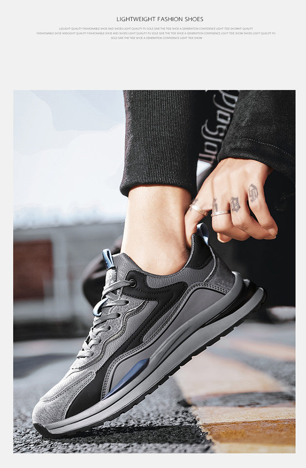 Giày thể thao nam da lì cổ thấp đế dày chống thấm chống trơn, giày sneaker thường ngày — ABC220 màu xám, ABC220 màu đen chi tiết 8