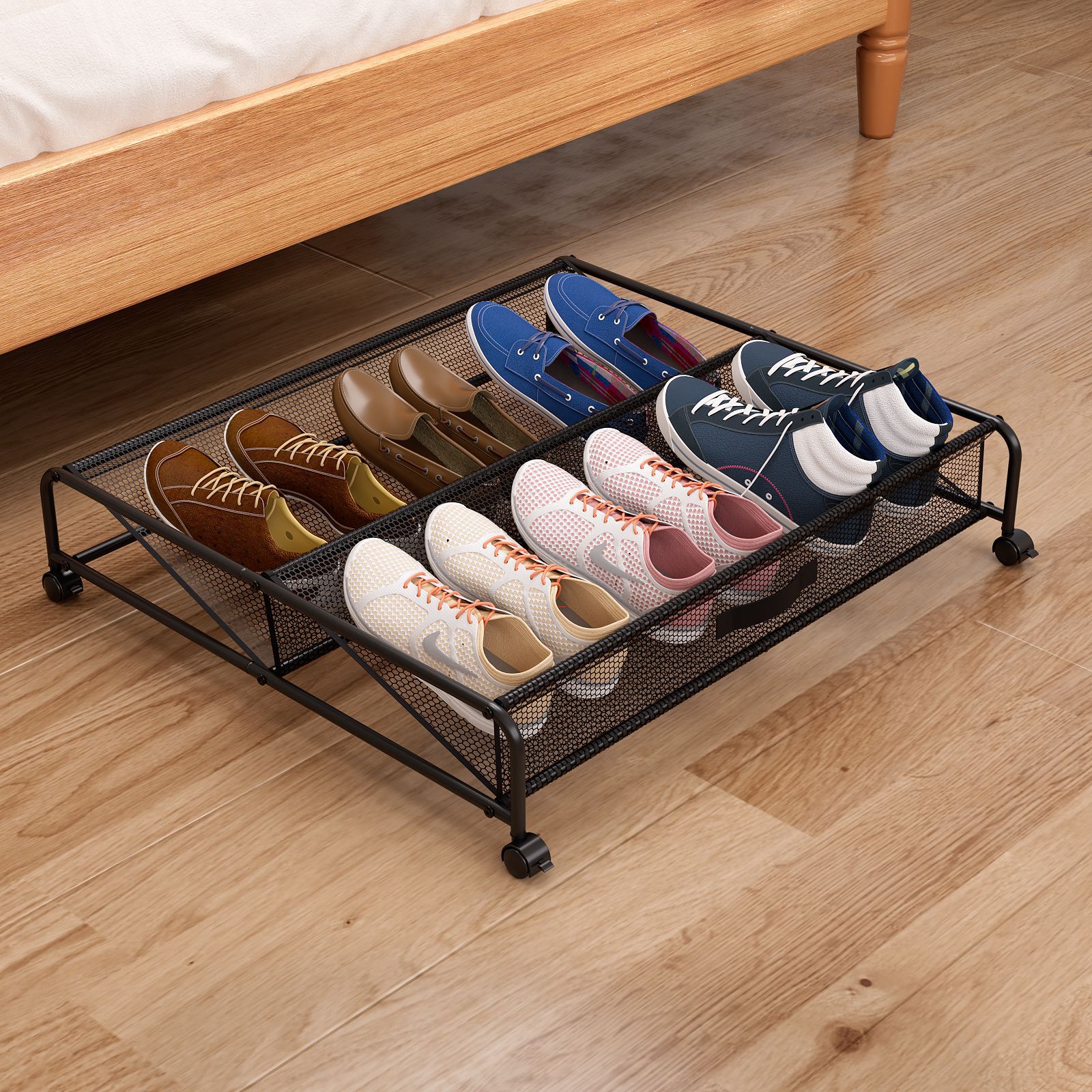 Simple Shoe Rack Bed Bottom Storage Rack Multifunctional Iron Bed Bottom Storage Box Storage Mesh with Pulley Shoe Finishing