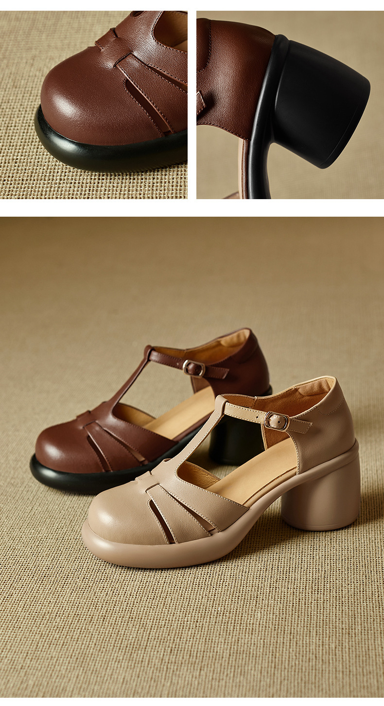 Sandal cao gót nữ mũi kín gót 7.5 cm phong cách vintage quai chữ T — màu nâu chi tiết 9