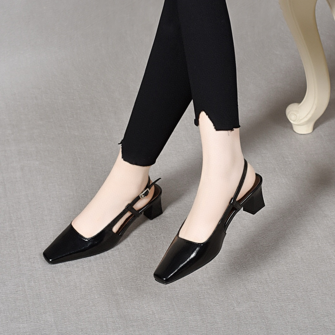 Sandal nữ quai ngang gót vuông da thật mũi vuông hở gót — màu be chi tiết 3