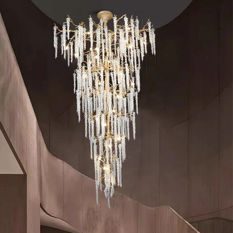 New American-Style Duplex Crystal Long Chandelier, All-Copper Large Chandelier for Living Room and Stairwell, Money Tree Chandelier for Duplex Villa New American-Style Duplex Crystal Long Chandelier, All-Copper Large Chandelier for Living Room and Stairwell, Money Tree Chandelier for Duplex Villa