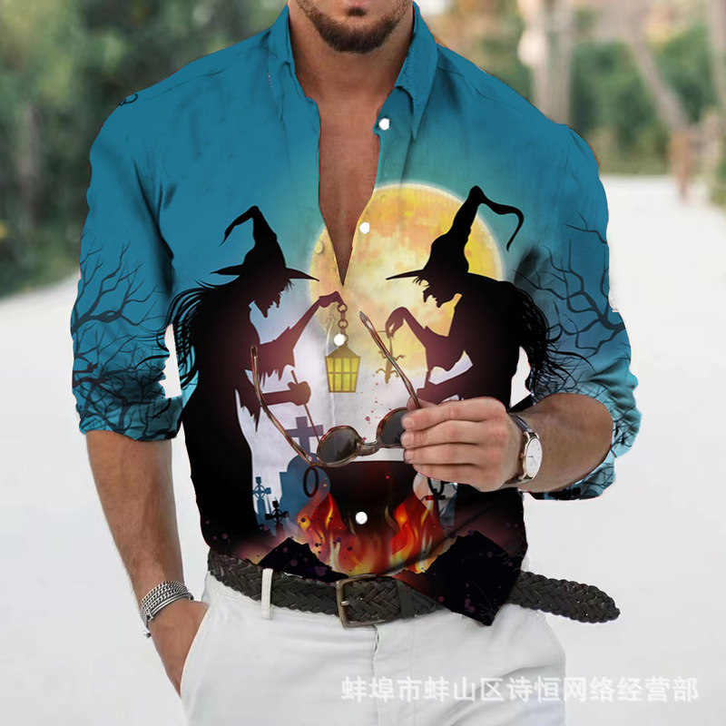 2024 cross-border European and American men's new 3D printed shirt Halloween holiday casual long sleeve foreign trade shirt
