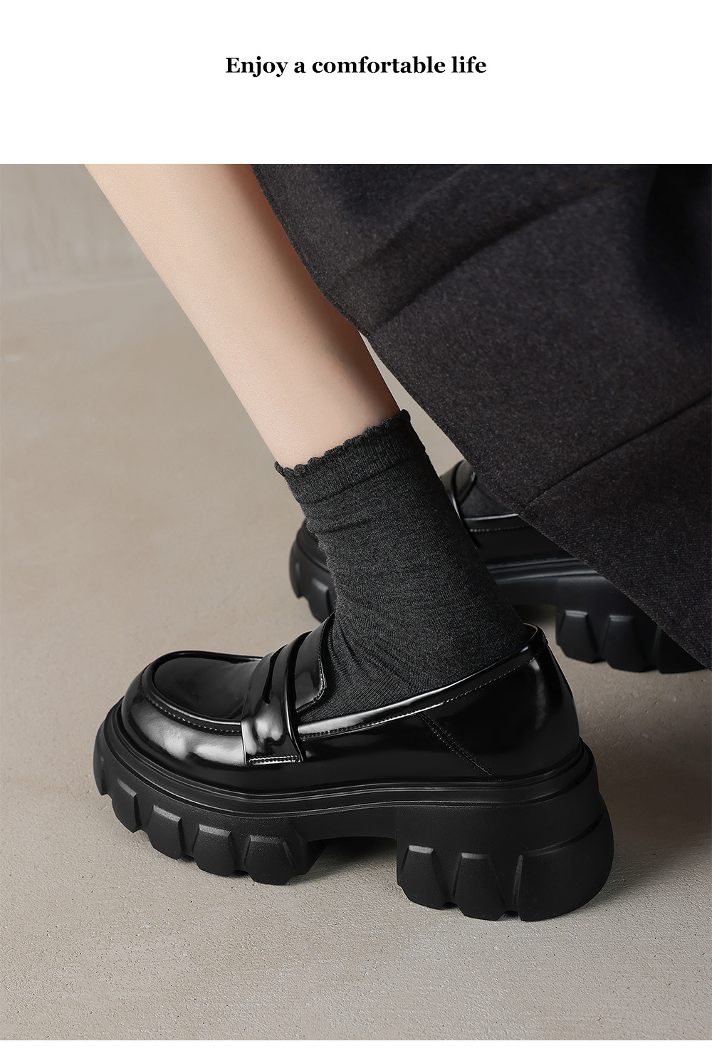 Giày loafer nữ đế xuồng cao gót phong cách Anh quốc cổ điển — đen chi tiết 2