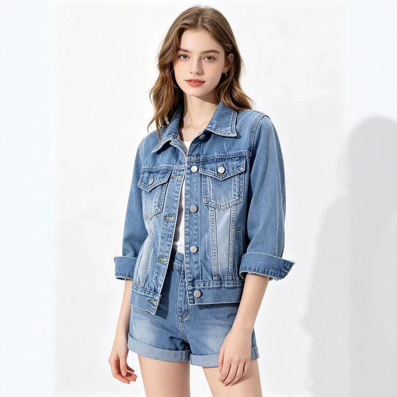 European and American Style Spring and Autumn Korean Version Slim-Fit Mid-Sleeve Denim Jacket for Women, Short Seven-Quarter Sleeve Jacket, Shawl-Style Top European and American Style Spring and Autumn Korean Version Slim-Fit Mid-Sleeve Denim Jacket for Women, Short Seven-Quarter Sleeve Jacket, Shawl-Style Top