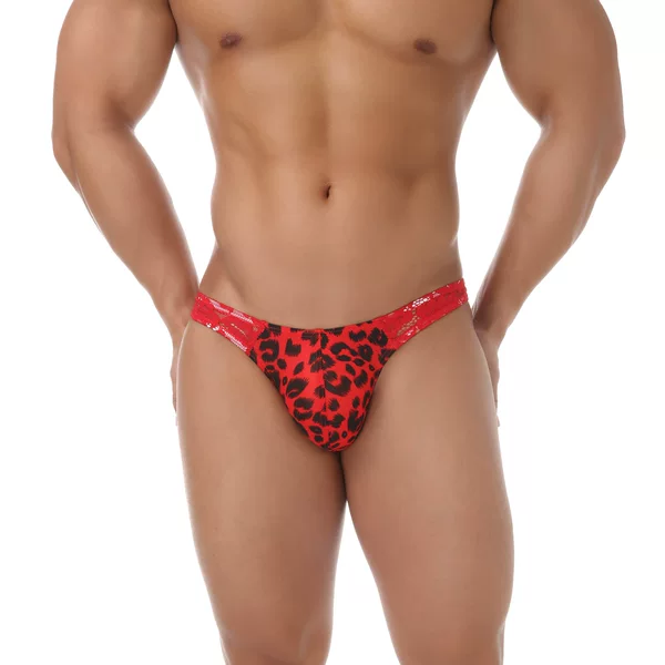 Men's Leopard Print Lace Patchwork Thong Low-Waist Elastic See-Through U-Convex Sexy Underwear
