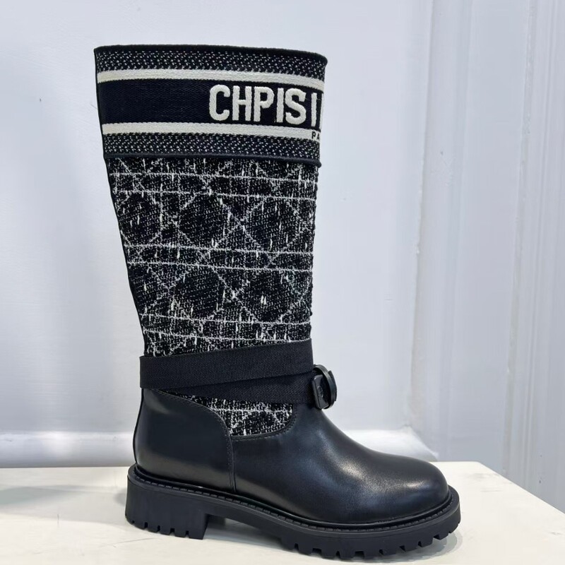 Guangzhou D Brand Embroidered Letter High-End Genuine Leather 8inch 10inch Short Boots Women's Boots New Thick-Soled Slimming Retro Riding Boots