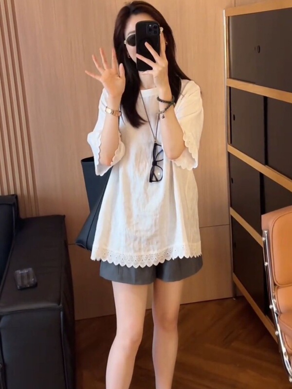 Mid-Length Lace-Trimmed Linen Short-Sleeved Shirt for Women, Summer Korean-Style Loose and Fashionable Ramie Top Mid-Length Lace-Trimmed Linen Short-Sleeved Shirt for Women, Summer Korean-Style Loose and Fashionable Ramie Top