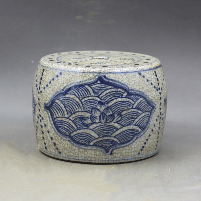 清康熙天字款手绘青花长命富贵陶瓷墩底座古玩古董仿古瓷收藏摆件