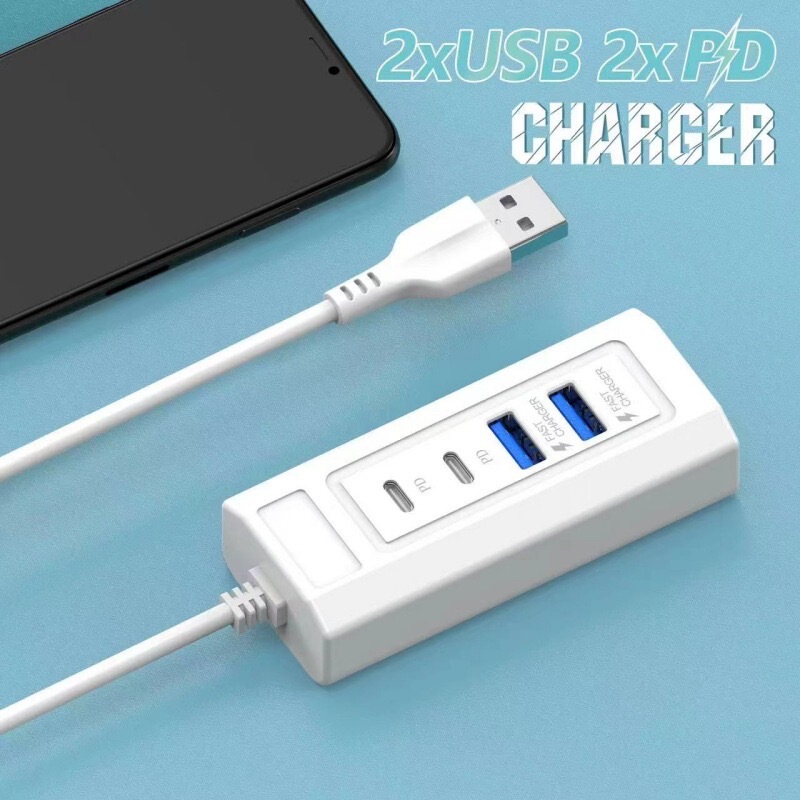 One-To-Four Socket with 2 USB and 2 Type-C Hub, Suitable for Docking Station, Charging Cable, Data Transfer, Mobile Phone Cable, Fast Charging