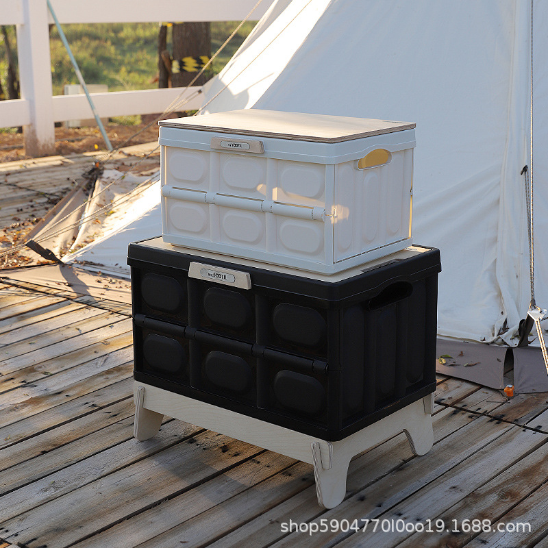 Acampar al aire libre caja de almacenamiento plegable cubierta de madera estilo industrial negro mesa de café multifuncional caja de almacenamiento coche tronco