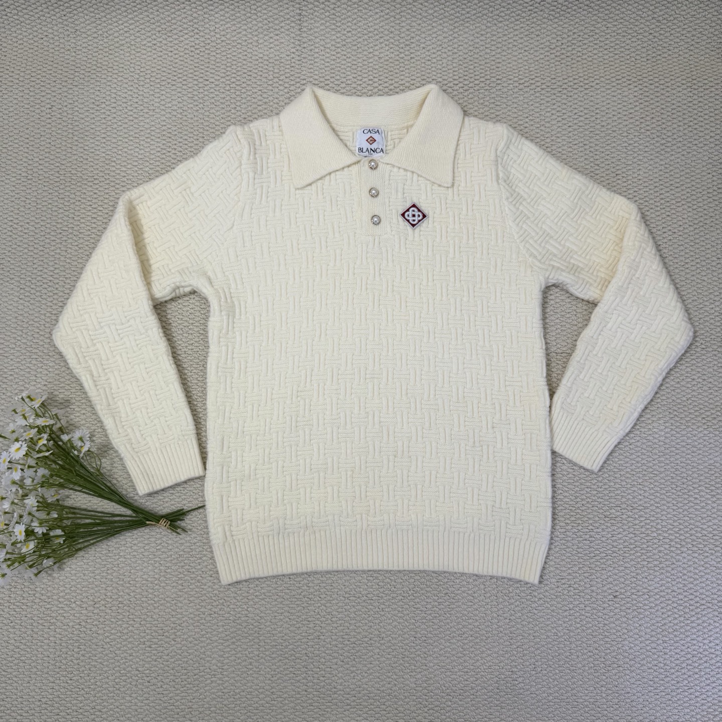 Casablanca Column Knit Sweater Polo White
