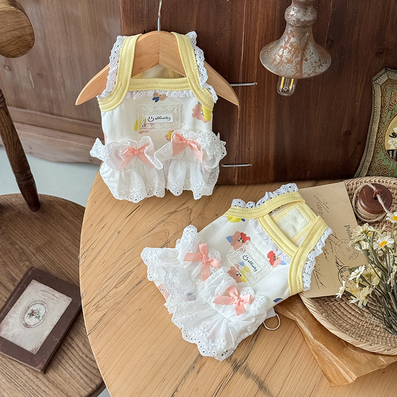 25秋冬新款宠物狗狗猫咪衣服加绒双蝴蝶结小花花边居家服可牵引|undefined