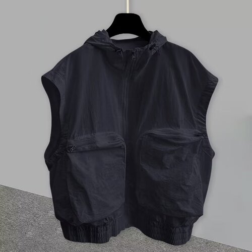 Pure Color Workwear Sleeveless T-Shirt for Men, Summer Korean Version Fashion Loose 3D Pockets Design Cardigan Backless Vest