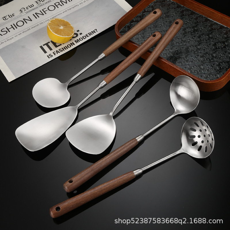 热销家用蘑菇铲 304不锈钢厨房锅铲 套装胡桃木不粘锅锅铲|undefined