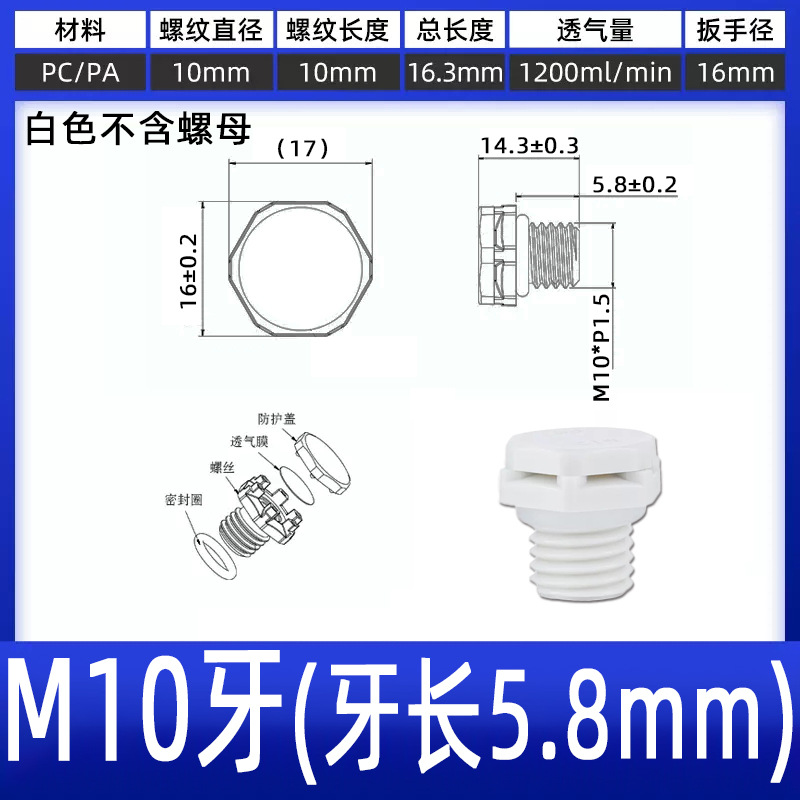 M10 (5.8mm thread length) White without nut