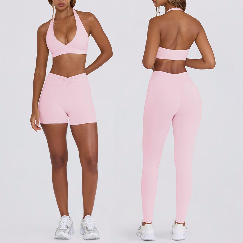 Cross-Border Butt Lift, Tummy Slimming, Chest Pad, Running Fitness Shorts, Halter Neck Sports Bra, Yoga Wear Suit for Women