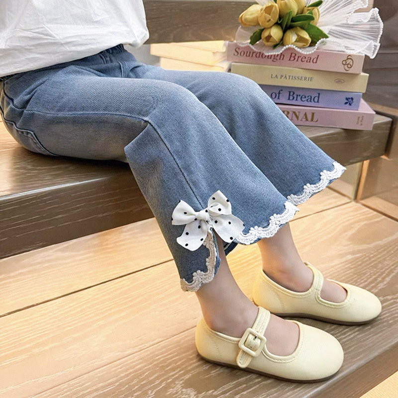 denim spring flared trousers girl's with bow