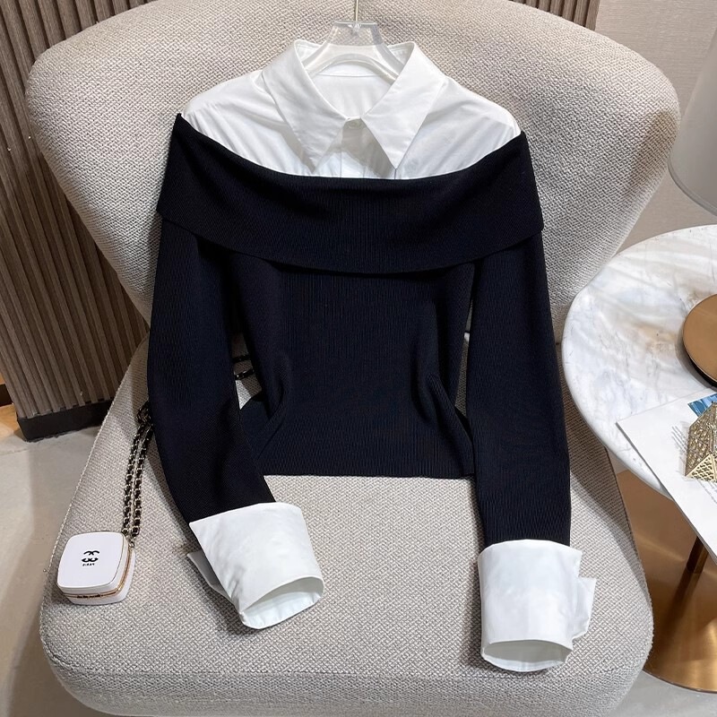 Off-shoulder faux two-piece shirt collar top, 2026 spring new style, sophisticated college style, slim-fit and slimming knit sweater