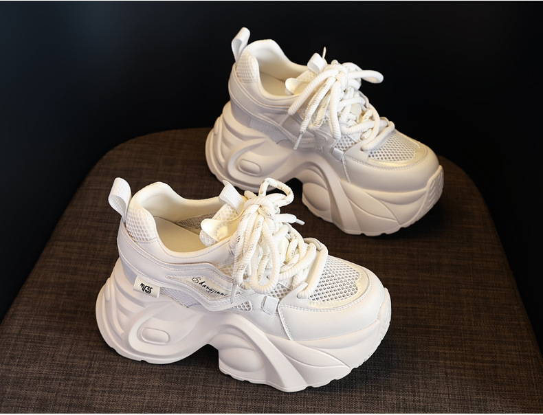 Giày sneaker nữ đế dày tăng chiều cao lưới thoáng khí — Màu vàng trắng chi tiết 5