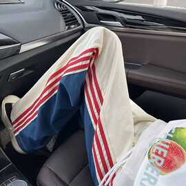 薄款三条杠裤子男春秋季美式设计感情侣款拼色直筒宽松休闲运动裤