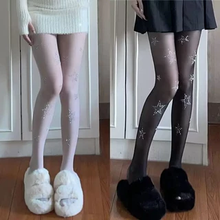 Lolita可爱星星烫钻白色丝袜芭蕾风纯欲带钻连裤袜辣妹闪钻黑丝JK