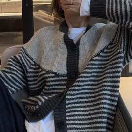 早秋撞色条纹毛衣外套开衫女秋冬新款加厚宽松慵懒风休闲针织新款