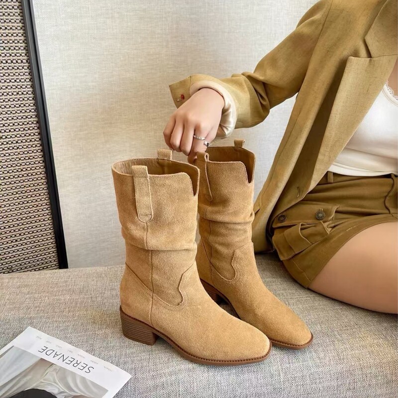 Stunningly Beautiful~ Popular Retro Height-Increasing Round-Toe V-Mouth Chunky Heel Thick-Soled Slimming New Melade Stacked Knight Ankle Boots