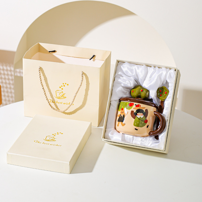 Apple Tree Girl cerámica vintage taza de alto valor con cuchara de cubierta taza de agua de oficina taza de café taza de desayuno