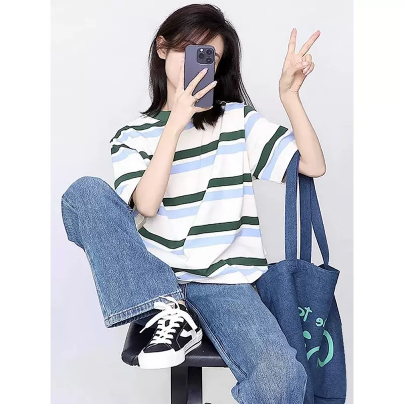 美式复古条纹正肩短袖t恤女款夏季2025新款设计感小众宽松上衣潮