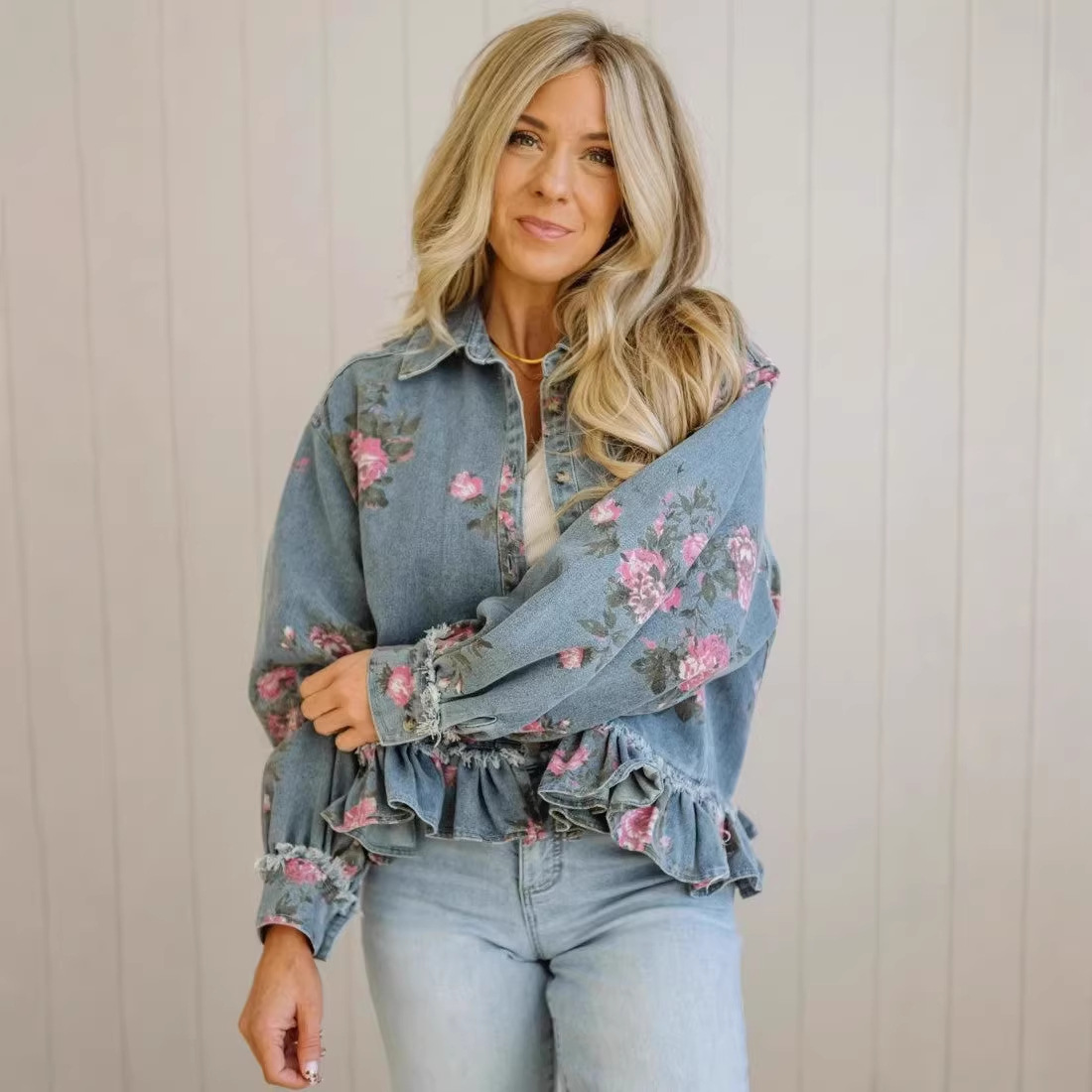 2026 Cross-Border European and American New Retro Washed Denim Suit Floral Print Loose Long-Sleeved Shirt Fashionable Women's Style