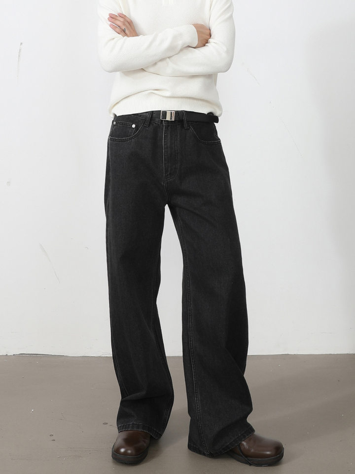 Quần jean nam ống rộng dáng suông thoải mái kiểu Mỹ, vải denim xử lý giặt mài, lưng trung, dài quần — Xanh da trờicolor, Xám đen, màu xám nhạt