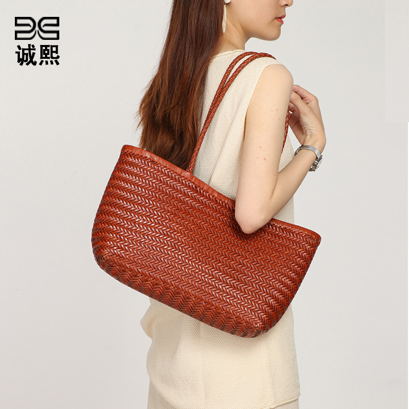 Luxury Beach Vacation Handbag Retro Genuine Leather Woven Bag Fashion Mother-Daughter Set Shoulder Underarm Tote Bag - Thumbnail 4