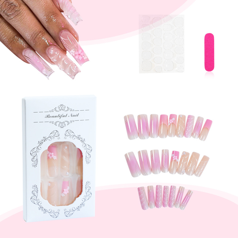 Description Picture 3 of item24Pcs Long Square Fake Nails with Glue 3D Water Drop Curves Press on Nails Wearable French False Nails Full Cover Nails Tips