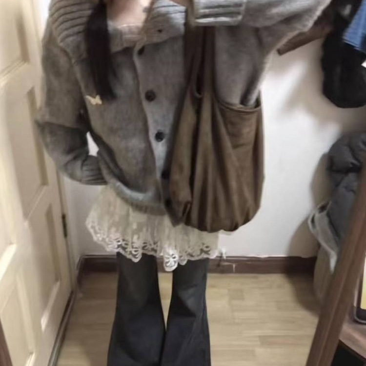 两件/套装韩系学院风慵懒宽松复古翻领灰色开衫毛衣女+蕾丝吊带裙