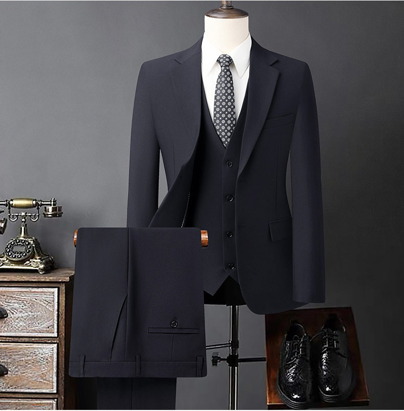 Bộ vest nam ba món vải co giãn bốn chiều, ve áo rộng, dáng ôm, phong cách công sở — Màu xanh tím than, màu xám, màu đen chi tiết 15