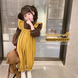 套装2026秋装新款女宝宝韩版灯芯绒背带裤泡泡袖打底衫两件套2115