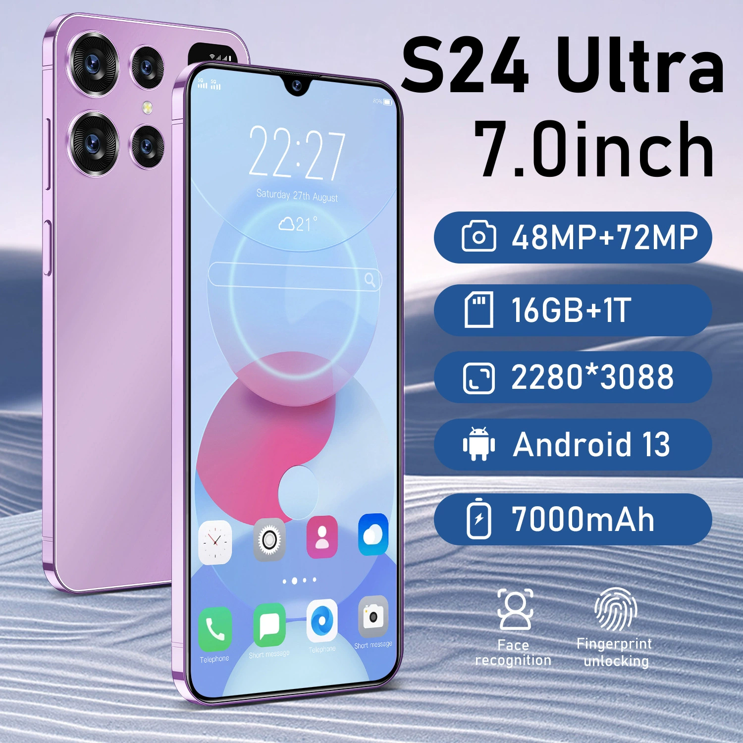 Смартфон S24 Ultra, Android 13, 7.0-дюймовый, 16ГБ+1ТБ, 7000 мАч