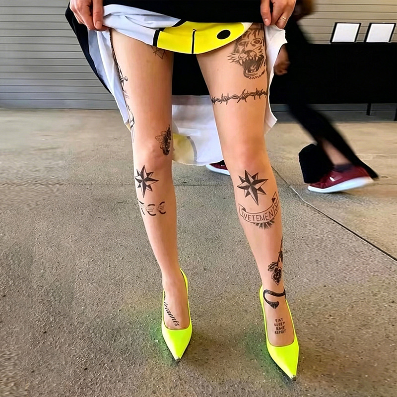 New Flesh-Colored Stockings for Spring and Summer, Fake Color Silk Skin-Colored Vet Print Tattoo Letter Tattoo Flower Cross-Border Dropshipping Wholesale