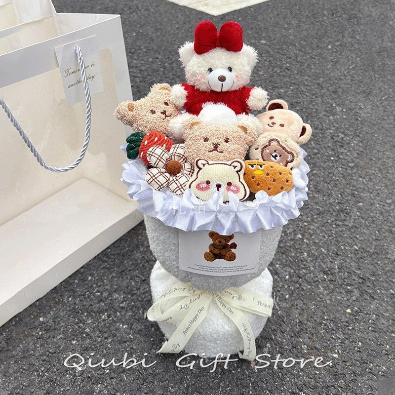 Red bow bear bouquet + gift bag greeting card