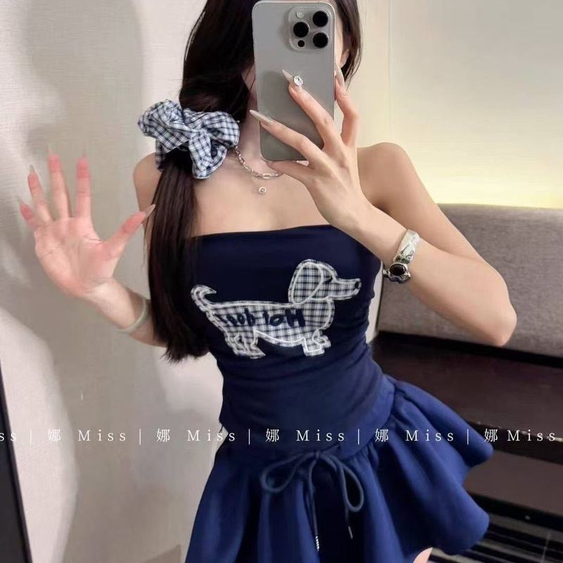 小狗刺绣吊带背心女夏辣妹一字肩抹胸衣带胸垫裹胸外穿绝美上衣|undefined