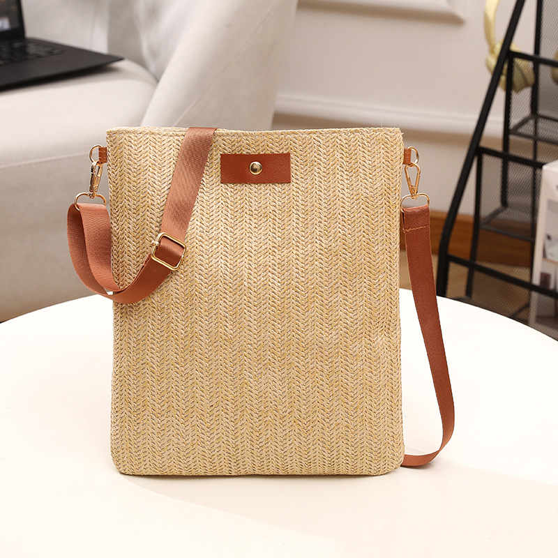 Bolsa de mujer en stock, bolsa de paja transfronteriza, bolsa de hombro, bolsa de balde, bolsa de playa, bolsa de tote, correa de hombro ancha ajustable, estilo de vacaciones portátil