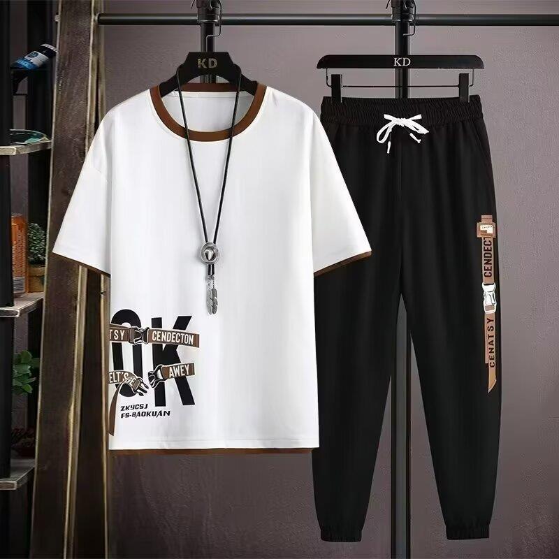 2024 Summer suit Men's Teenager Short-sleeved T-shirt Sports Trousers Casual Student Handsome Clothes Two-piece Fashionable